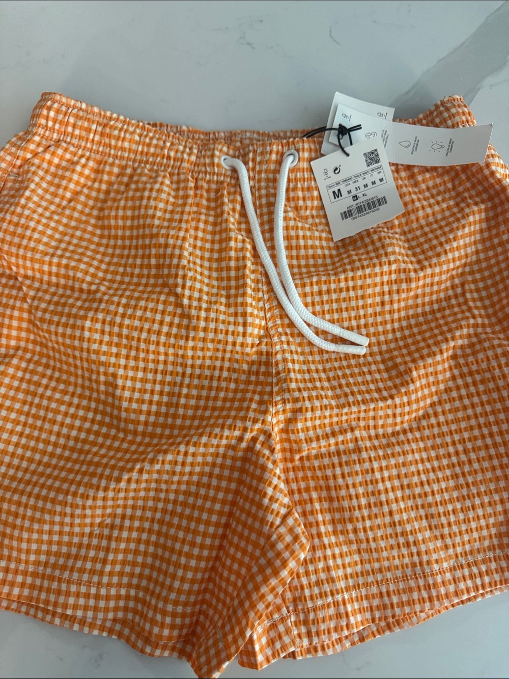 Zara Men’s Orange Gingham Drawstring bathing suit Medium NWT